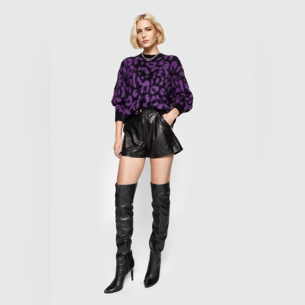Rebecca Minkoff Purple and Black Gordon Leopard Print Crewneck Fuzzy Sweater M - Picture 2 of 9